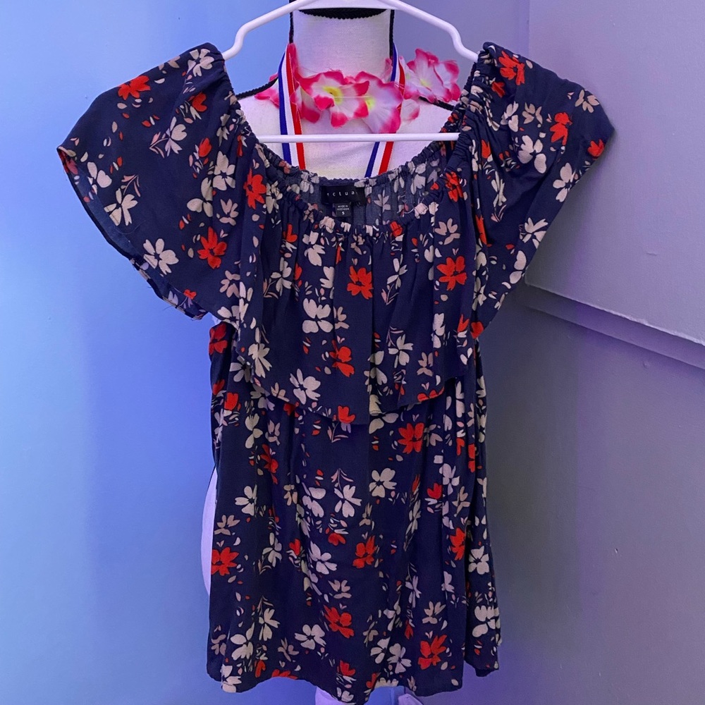 A off the shoulder, crop top, blue shirt, a size small, light weight shirt.